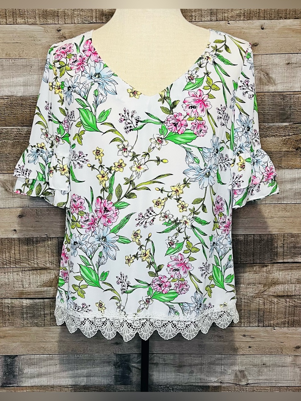 Kut from the Kloth Floral Lace-Hem 
V-Neck Blouse in White with Pink & Green